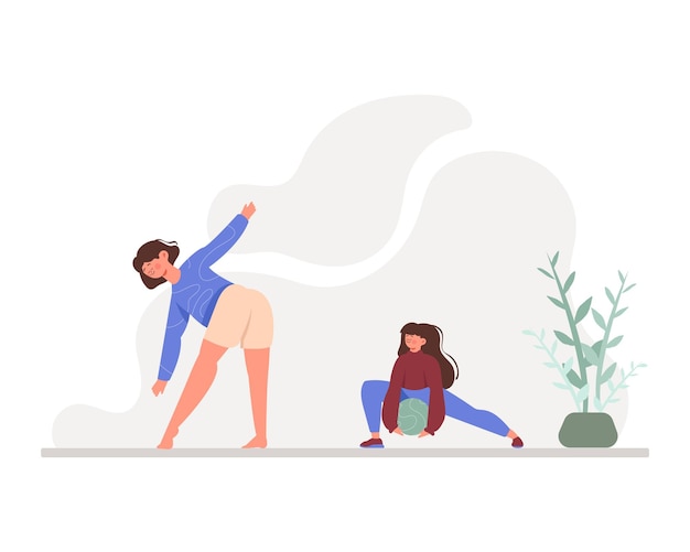 Cartoon happy women doing morning exercises Healthy and active lifestyle Regular physical activity Vector flat style illustration on white background