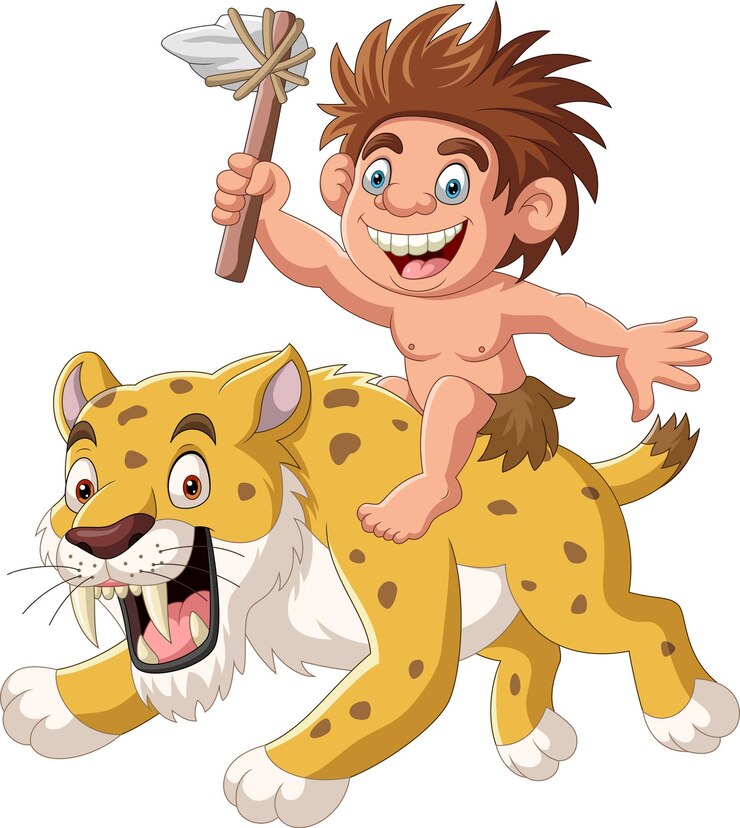 वेक्टर cartoon happy young caveman riding sabre tooth tiger