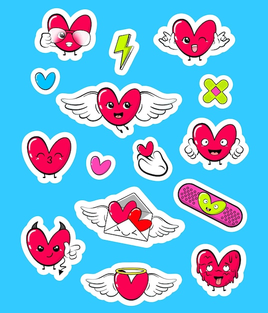 Cartoon hart kawaii karakter stickers pack.