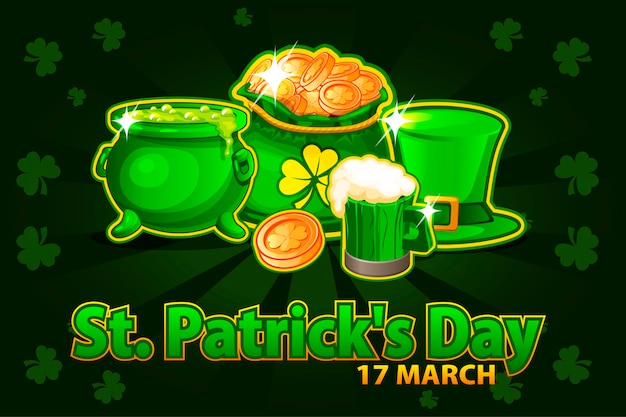 Cappello del fumetto, bicchiere di birra, moneta e borsa dei soldi e pentola con pozione magica. illustrazione per happy st. patrick day. biglietto di auguri, poster, banner. oggetti su un livello separato