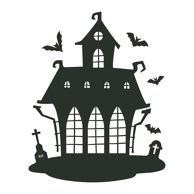 Cartoon haunted house Halloween creepy ghost house silhouette spooky monsters haunted old castle flat vector illustration House with ghosts