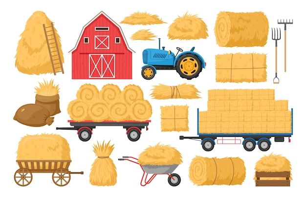 Cartoon haystack agricultural hay heaps hay in wheelbarrow and canvas bag vector illustrations set