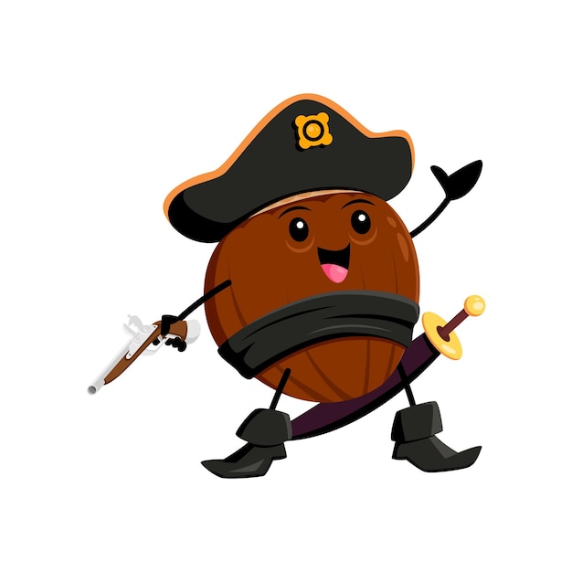 Cartoon hazelnut nut pirate character with gun