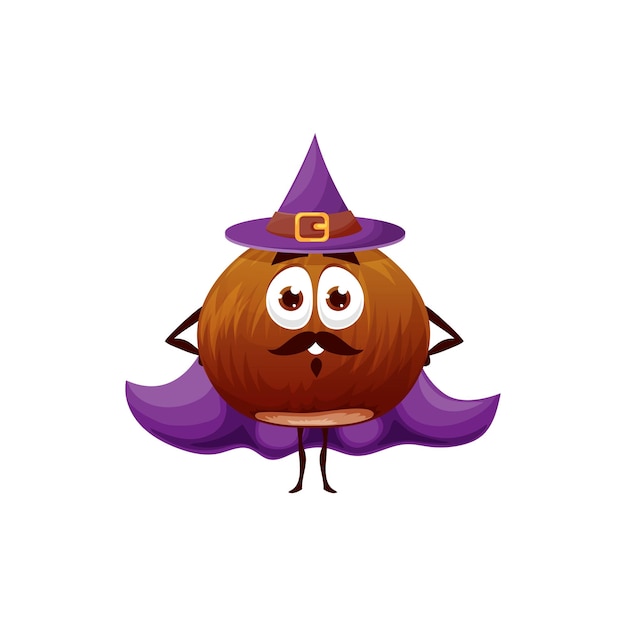 Cartoon hazelnut wizard in hat character. Fairytale ripe nut, cute hazelnut mascot wearing hat and cape. Happy smiling sorcerer personage, vector comic fantasy nut character