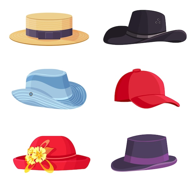 Vector cartoon headwear beach straw hat fedora baseball cap different colorful headgears for man and woman