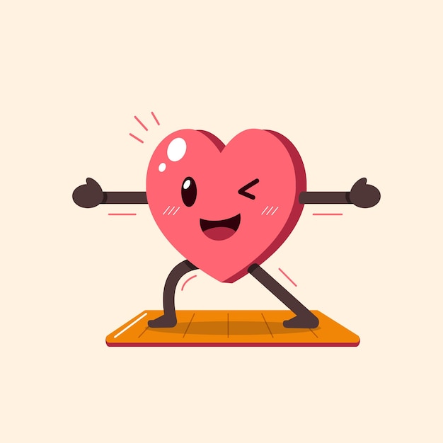 Мультяшный персонаж сердца тренируется на коврике для йоги