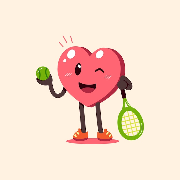 테니스 라켓과 공이 있는 만화 하트 캐릭터