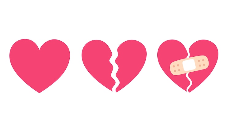 Vector cartoon heart set, broken heart and crack fixed with bandage. breakup and heartbreak symbol.