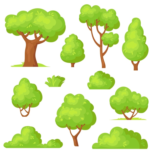 Vector cartoon hedge set garden park green bushes gardening plants with flowers forest vegetation trees bush shrub with branch elements bushs for casual game hedges neat vector design