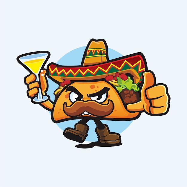 Cartoon heer Taco met duim omhoog en drankje mascotte vector tekening