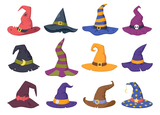 Cartoon heks hoeden halloween party kostuum elementen vector symbolen illustraties set