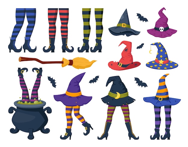 Vector cartoon heks kousen benen en hoeden grappige halloween party elementen vector illustraties set