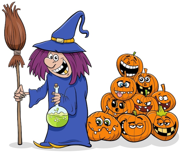 Cartoon heks met bezem en stapel halloween-pompoenen