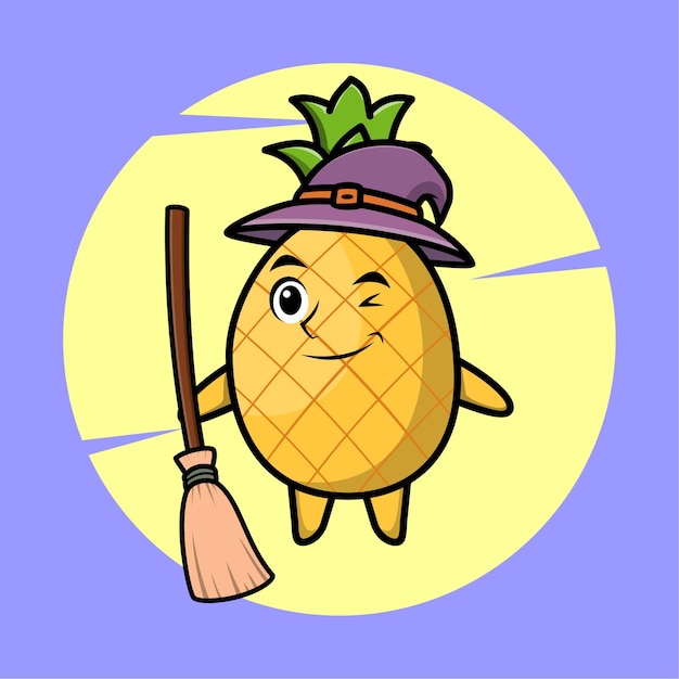 Cartoon heks vormige ananas mascotte met hoed en bezemsteel schattig stijlvol design