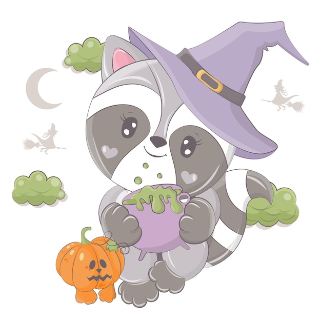 Vector cartoon heks wasbeer met pompoen. vectorillustratie van halloween dier.