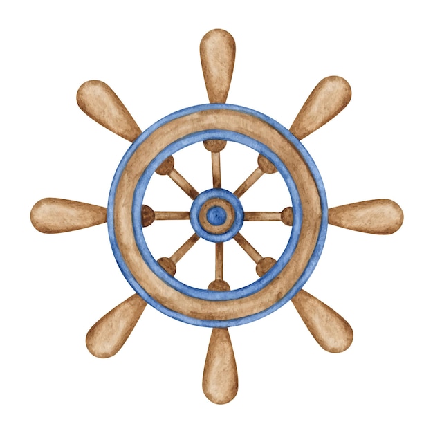 Иллюстрация мультяшного руля акварельный деревянный ручной рисунок колеса клипарт на белом фоне детская морская иллюстрация