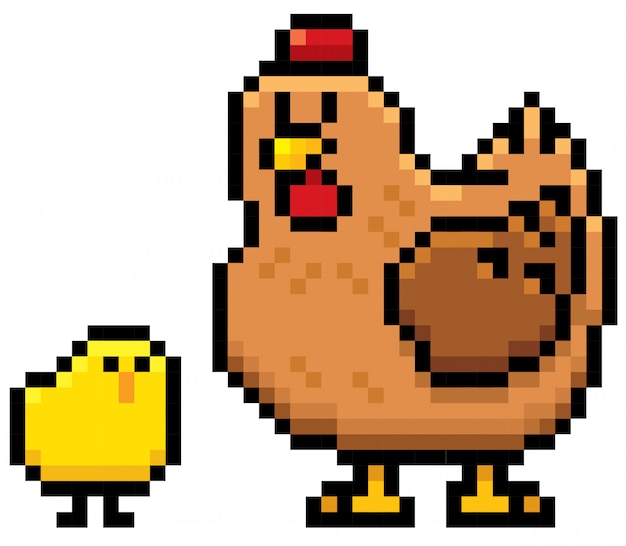 Cartoon Hen en chick Pixel ontwerp