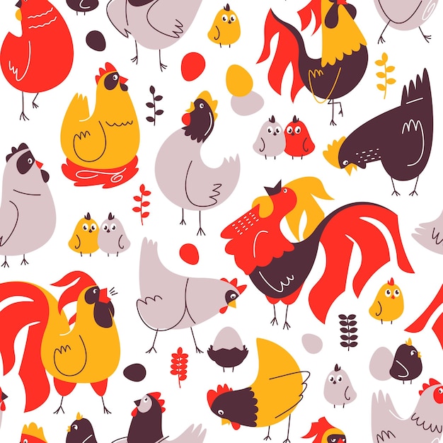 Cartoon hens pattern Seamless print of Easter decorative farm animal characters for greeting