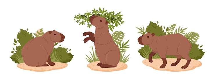 Vector cartoon herbivore capybara wild mammals in natural habitat semiaquatic animals flat vector illustration set