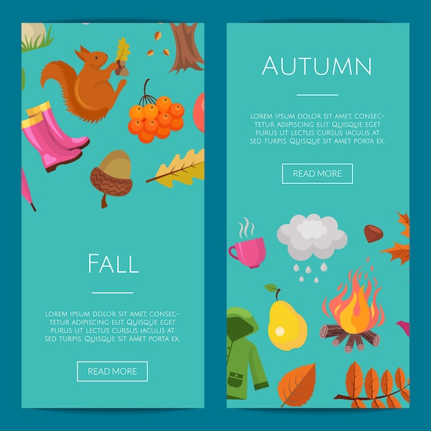 Cartoon herfst elementen en bladeren webbanner set