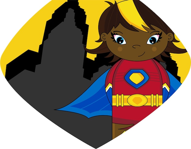 Cartoon heroic superhero girl comic book character in shield with skyscrapers