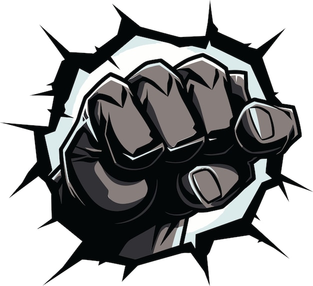 Вектор Черный логотип cartoon heroics с ударным кулаком впечатляющий векторный символ выражения в черном цвете