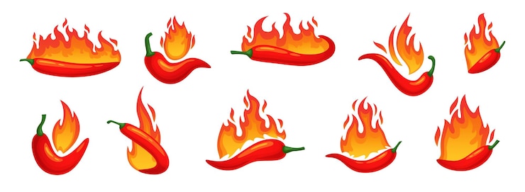 Vector cartoon hete chili pepers met vuurvlammen pittige brandende mexicaanse rode groente voor salsa