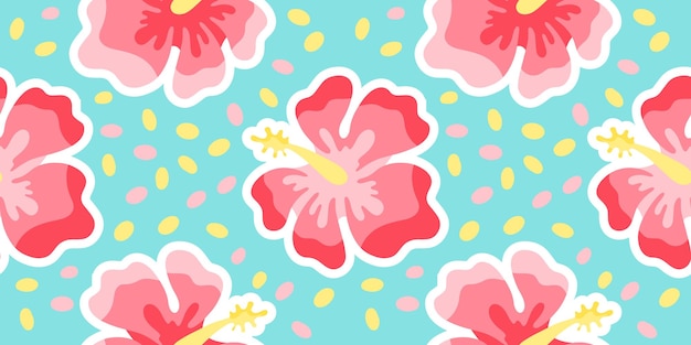 Cartoon hibiscus hawaii vector seamless pattern in the style of doodles hand drawn