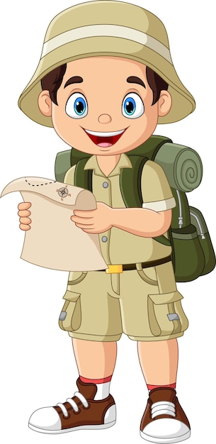 Cartoon hiker boy holding a map