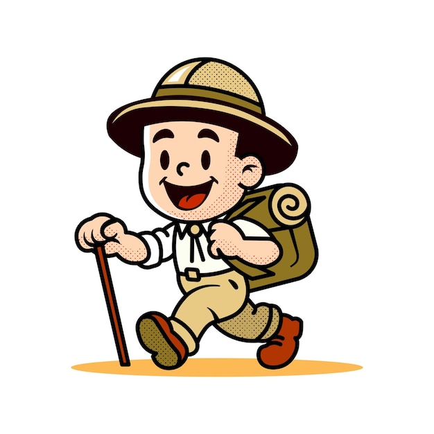 cartoon hiker leuke grappige platte personage vector illustratie