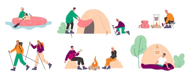 Cartoon hiking characters funny adventurers people outdoor activities travel camp accessories happy tourists relax in nature camping tent river rafting nordic walking vector travelers set