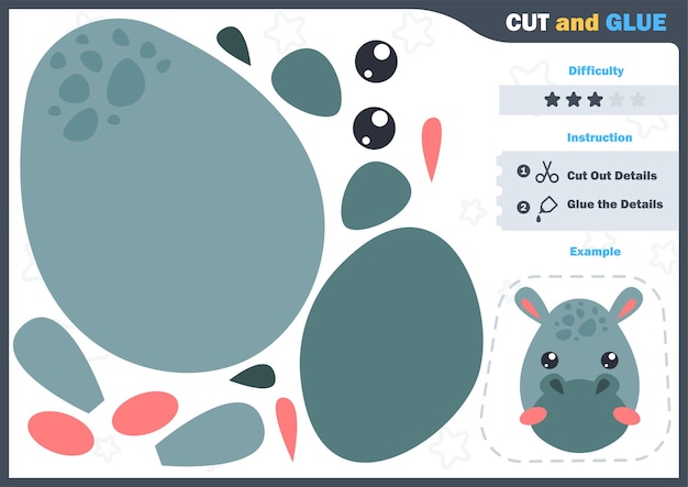 Cartoon hippo. education paper game for preshool children. cut parts of the image and glue on the paper. vector illustration. cut and glue game.