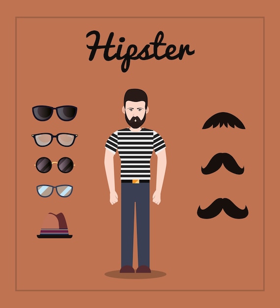 Cartoon hipster man standing with accessories around over brown background