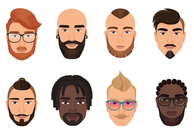 Cartoon hipsters bebaarde mannen jongens avatars met moderne kapsels, snorren en baarden geïsoleerd.