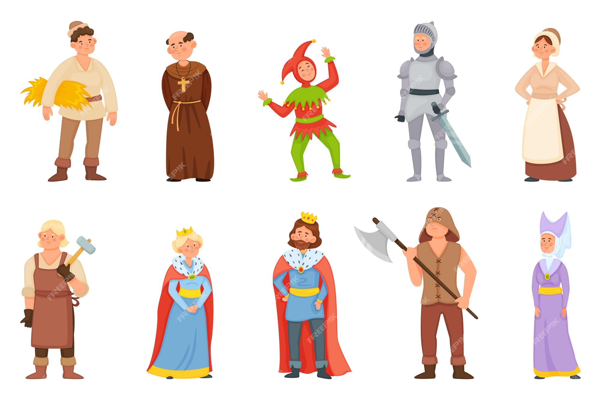 Premium Vector | Cartoon historical medieval characters, king and queen, princess. middle age knight, blacksmith, peasant, jester character vector set. woman and man in old fairy tale or legend clothes Premium Vector | Cartoon historical medieval characters, king and queen, princess. middle age knight, blacksmith, peasant, jester character vector set. woman and man in old fairy tale or legend clothes