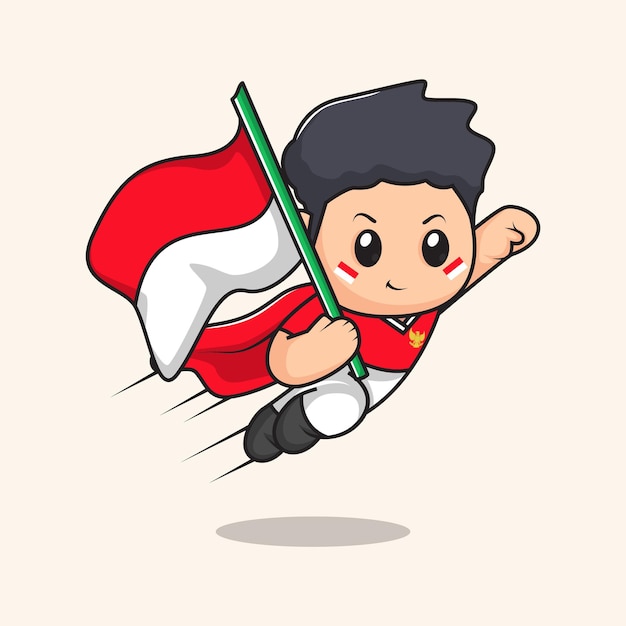cartoon holding flag flat character vector Indonesian Independence day