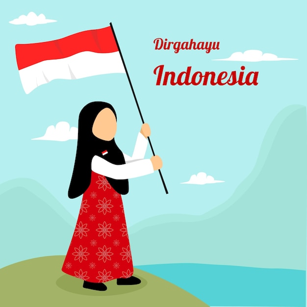 インドネシア独立の日に旗を保持している漫画
