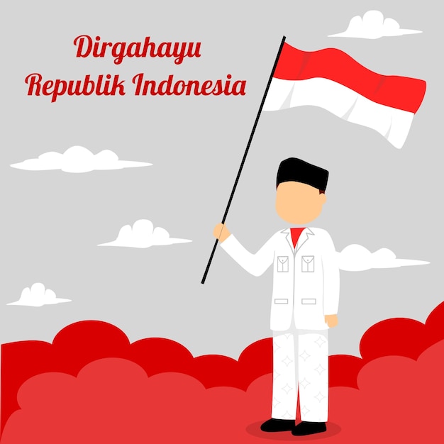 cartoon holding flag on indonesian independence day