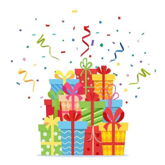 мультяшный праздник подарок цветные подарочные коробки с конфетти Дизайн шаблона для празднования-сюрприза представляет день рождения Рождество Векторная иллюстрация в плоском стиле