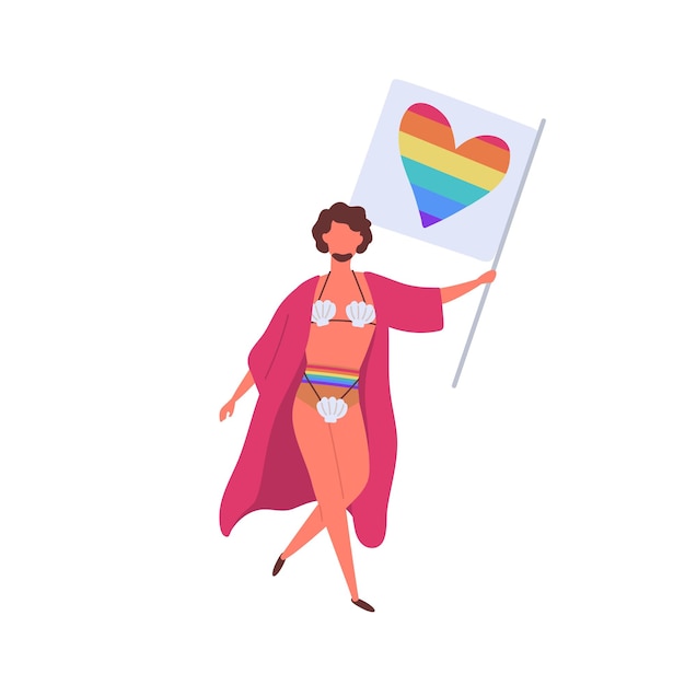 Vector cartoon homosexual bearded man in bikini carrying lgbt rainbow flag vector flat illustration. colorful transgender male activist in funny costume at gay parade isolated on white.