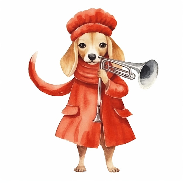 Vector cartoon hond jurk rode kleur kleding spelen trompet wat
