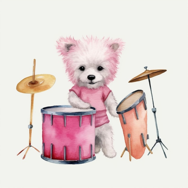 Vector cartoon hond jurk roze kleur kleding spelen drums wate