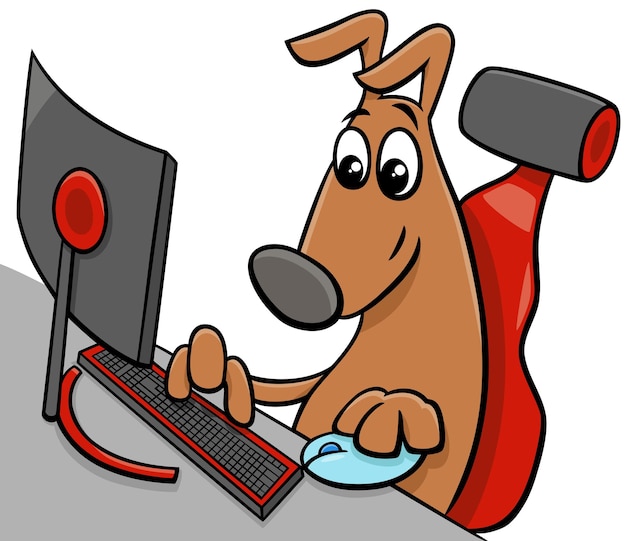 Cartoon hond komisch dier karakter met computer