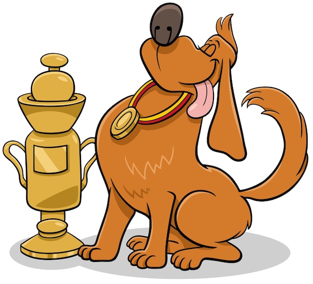 Cartoon hond met een beker en een medaille van de hondenshow