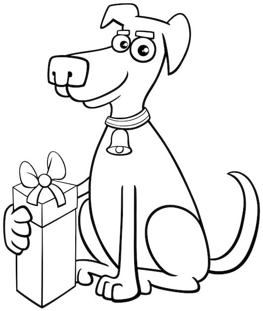 Vector cartoon hond met kerstcadeau kleurplaat