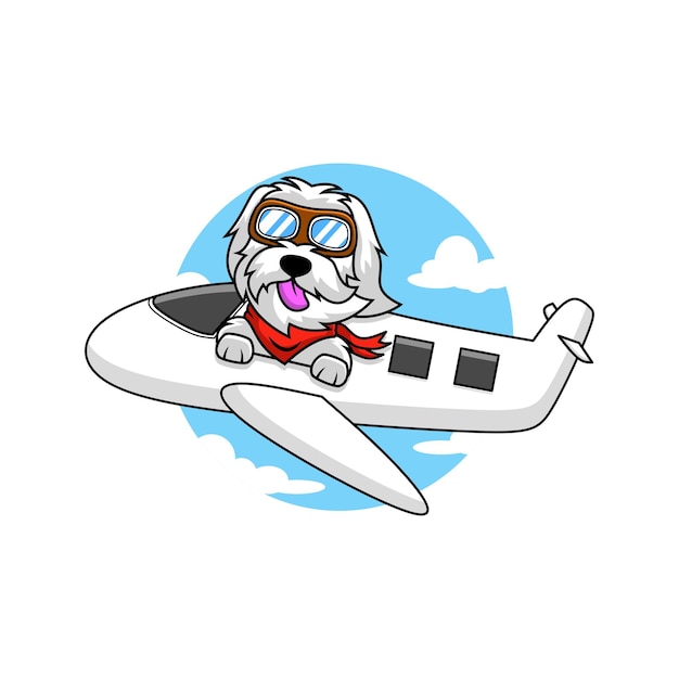 Cartoon hond piloot vliegen met prive-jet mascotte logo ontwerp