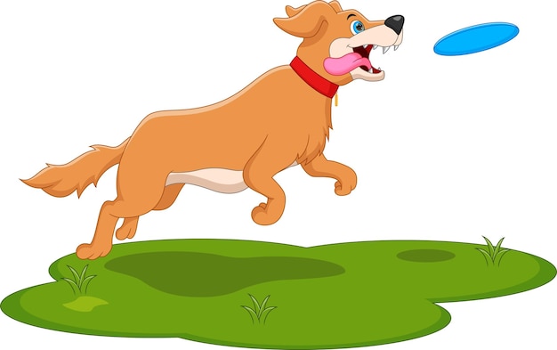 cartoon hond spelen met vliegende schijf