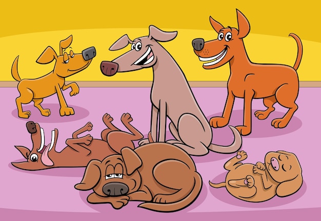 Cartoon honden en puppy's dierlijke karakters groeperen zich thuis