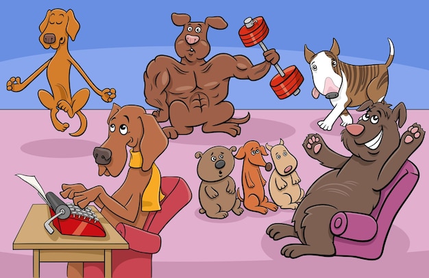 Vector cartoon honden en puppy's stripfiguren groep