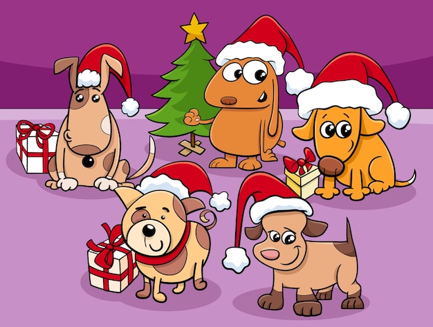Cartoon honden tekens groep op kersttijd